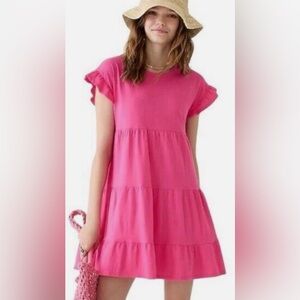 J. Crew Spring Pink Tiered Midi Dress Flutter Sleeve Casual Babydoll Relaxed MED